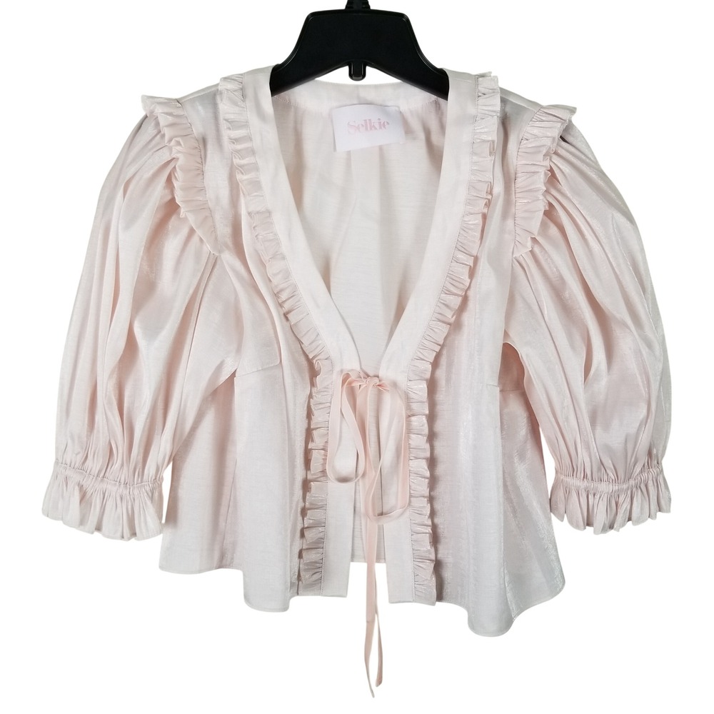 Selkie Blouse Women Medium Pink Ruffle Puff Sleeve Front Tie Cropped Shimmer Top